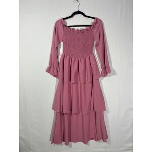 Whimsy Romantic Cottagecore Shein Tiered Smocked Maxi Dress Womens Size M Pink